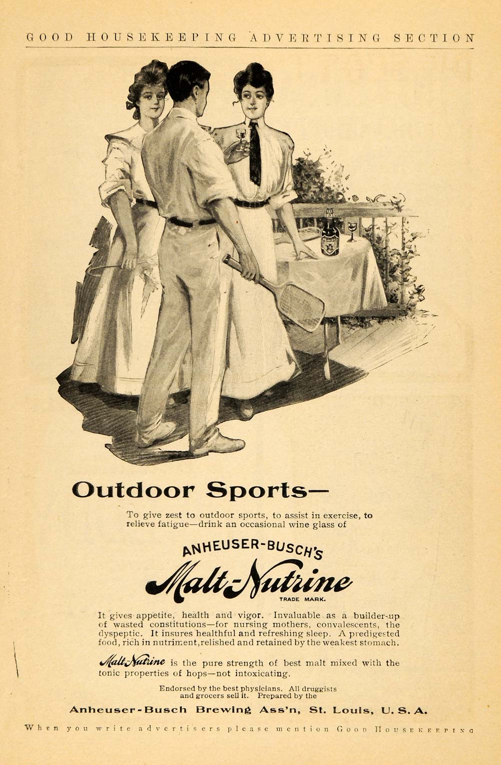 1905 Ad Malt Nutrine Anheuser-Busch Vintage Tennis - ORIGINAL ADVERTISING GH2