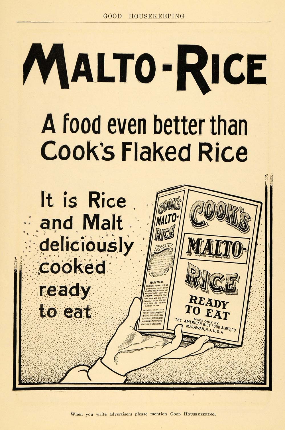 1904 Ad Cook's Malto-Rice Ready to Eat Box Matawan NJ - ORIGINAL ADVERTISING GH2
