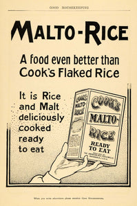 1904 Ad Cook's Malto-Rice Ready to Eat Box Matawan NJ - ORIGINAL ADVERTISING GH2