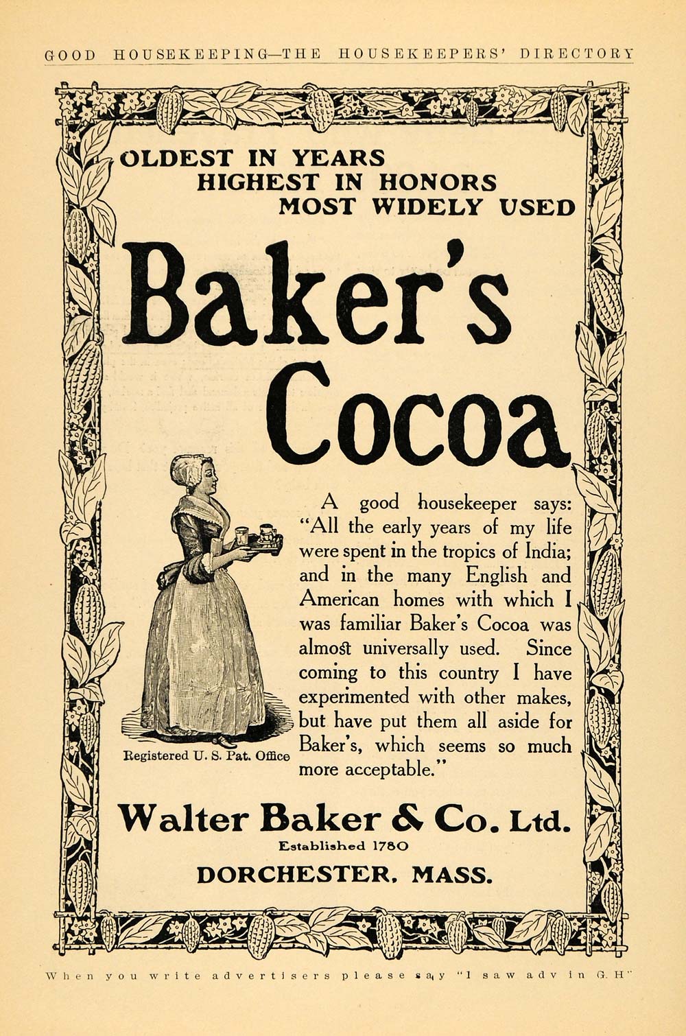 1908 Ad Walter Baker & Co. Cocoa Beverage Housekeeper - ORIGINAL ADVERTISING GH2
