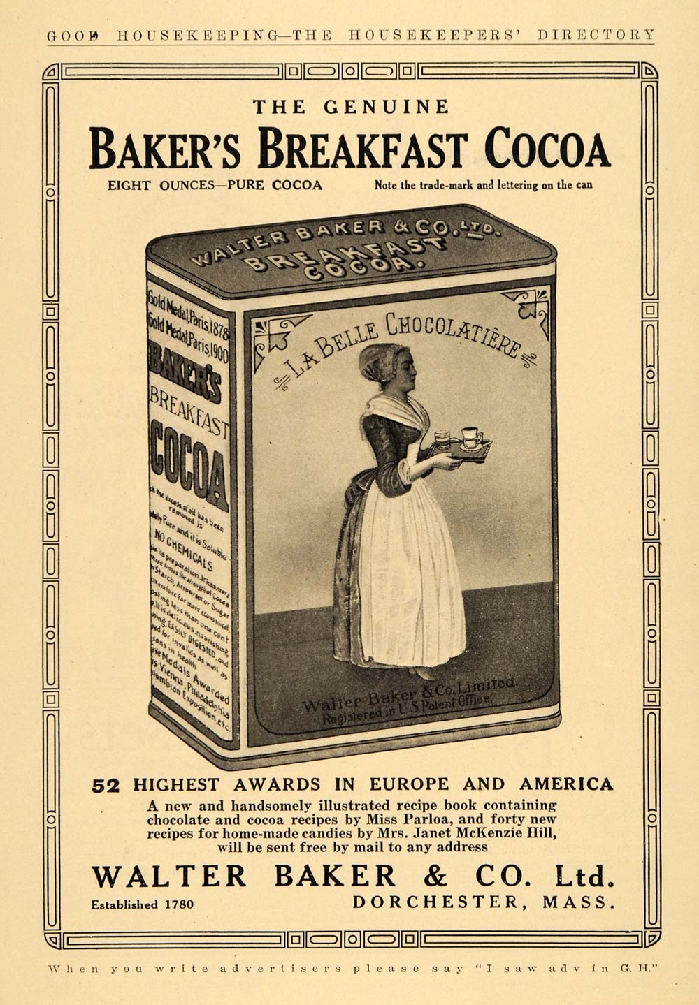 1909 Ad Walter Baker & Co. Ltd. Breakfast Cocoa Drink - ORIGINAL ADVERTISING GH3