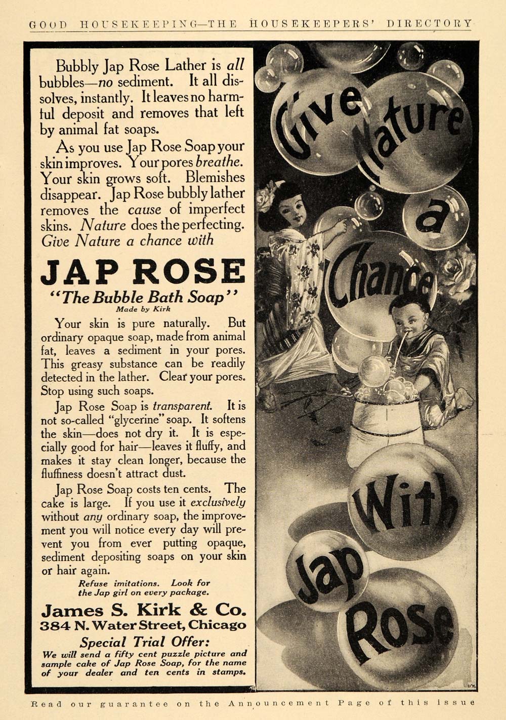 1909 Ad James S Kirk & Co. Jap Rose Bubble Bath Soap - ORIGINAL ADVERTISING GH3