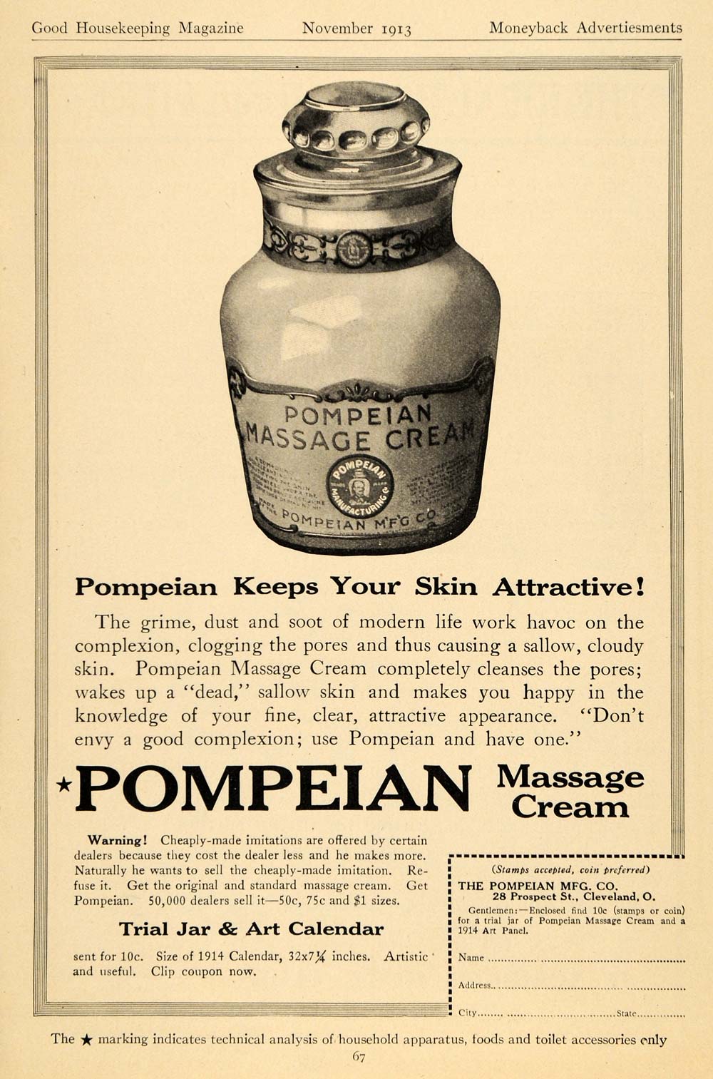 1913 Ad Pompeian Mfg Co Massage Cream Skin Moisturizer - ORIGINAL GH3