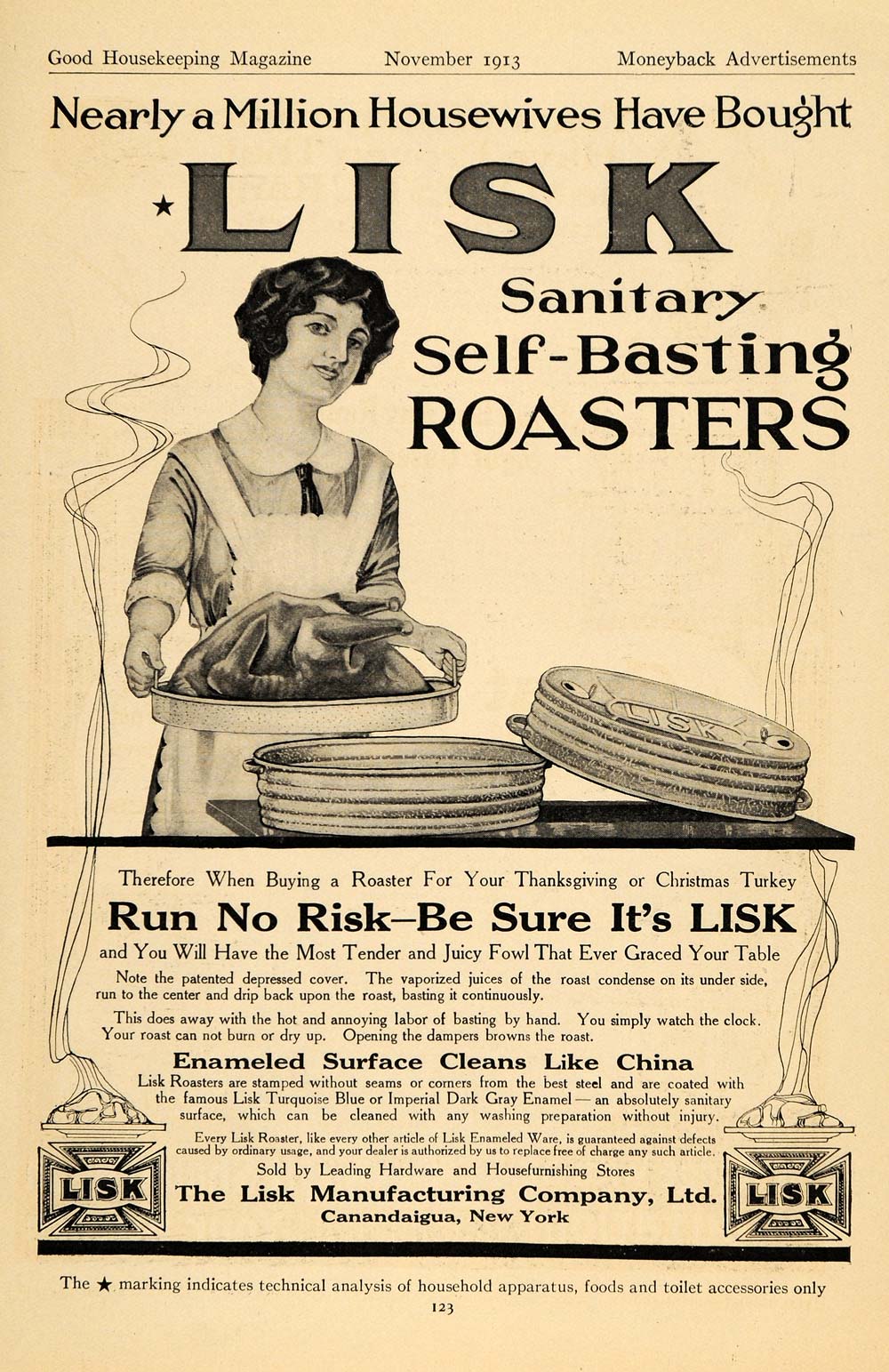 1913 Ad Lisk Mfg Self Basting Roaster Christmas Turkey - ORIGINAL GH3