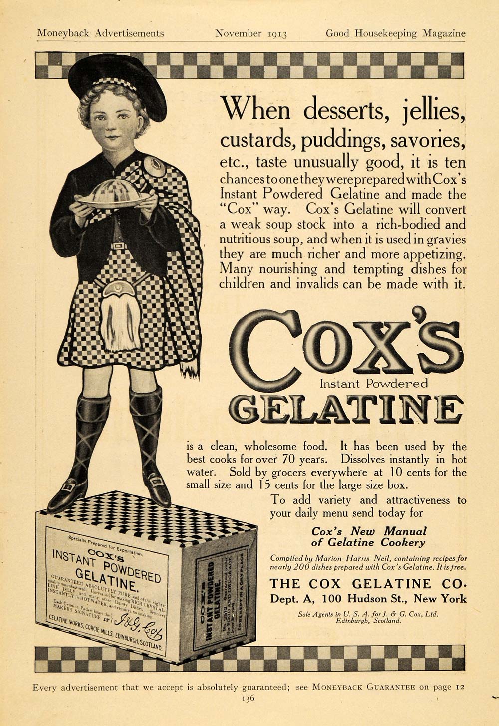 1913 Ad Cox Gelatine Co. Cox Jelly Dessert Sweets Child - ORIGINAL GH3