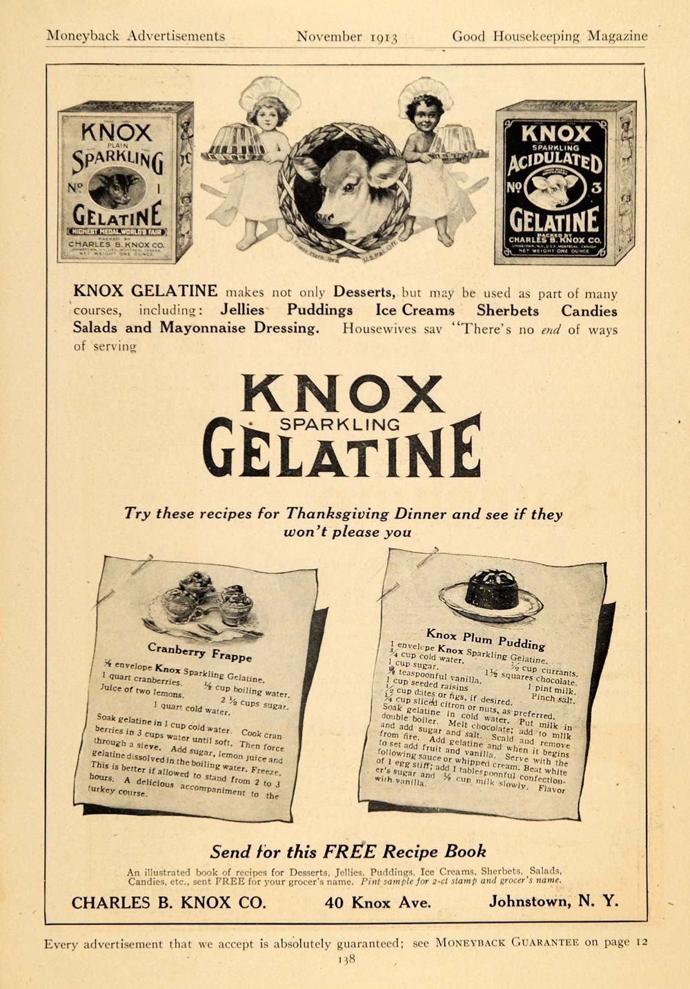 1913 Ad Charles B Knox Co. Gelatin Dessert Cow Calf - ORIGINAL ADVERTISING GH3