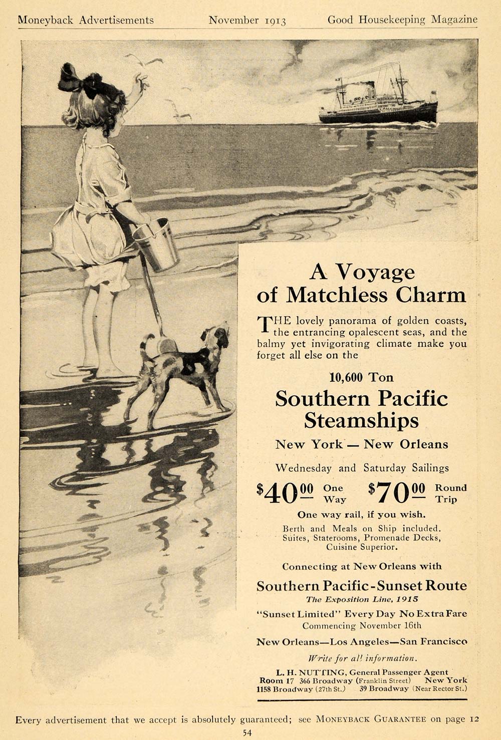 1913 Ad Southern Pacific Steamship Ship Child Dog Beach - ORIGINAL GH3