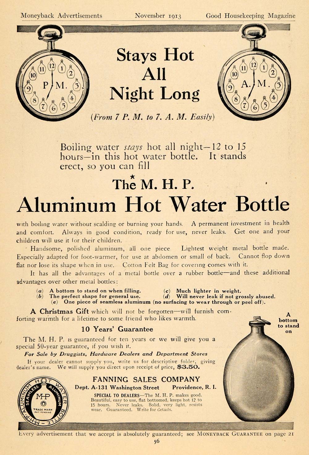 1913 Ad Fanning Sales Co. Aluminum Hot Water Bottle - ORIGINAL ADVERTISING GH3
