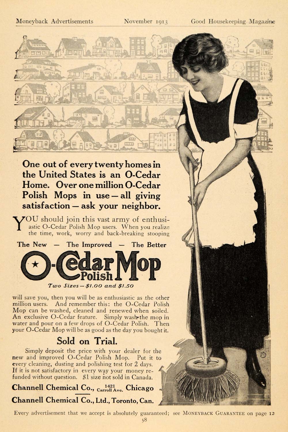1913 Ad Channell Chemical Co. O-Cedar Mop Polish Maid - ORIGINAL ADVERTISING GH3