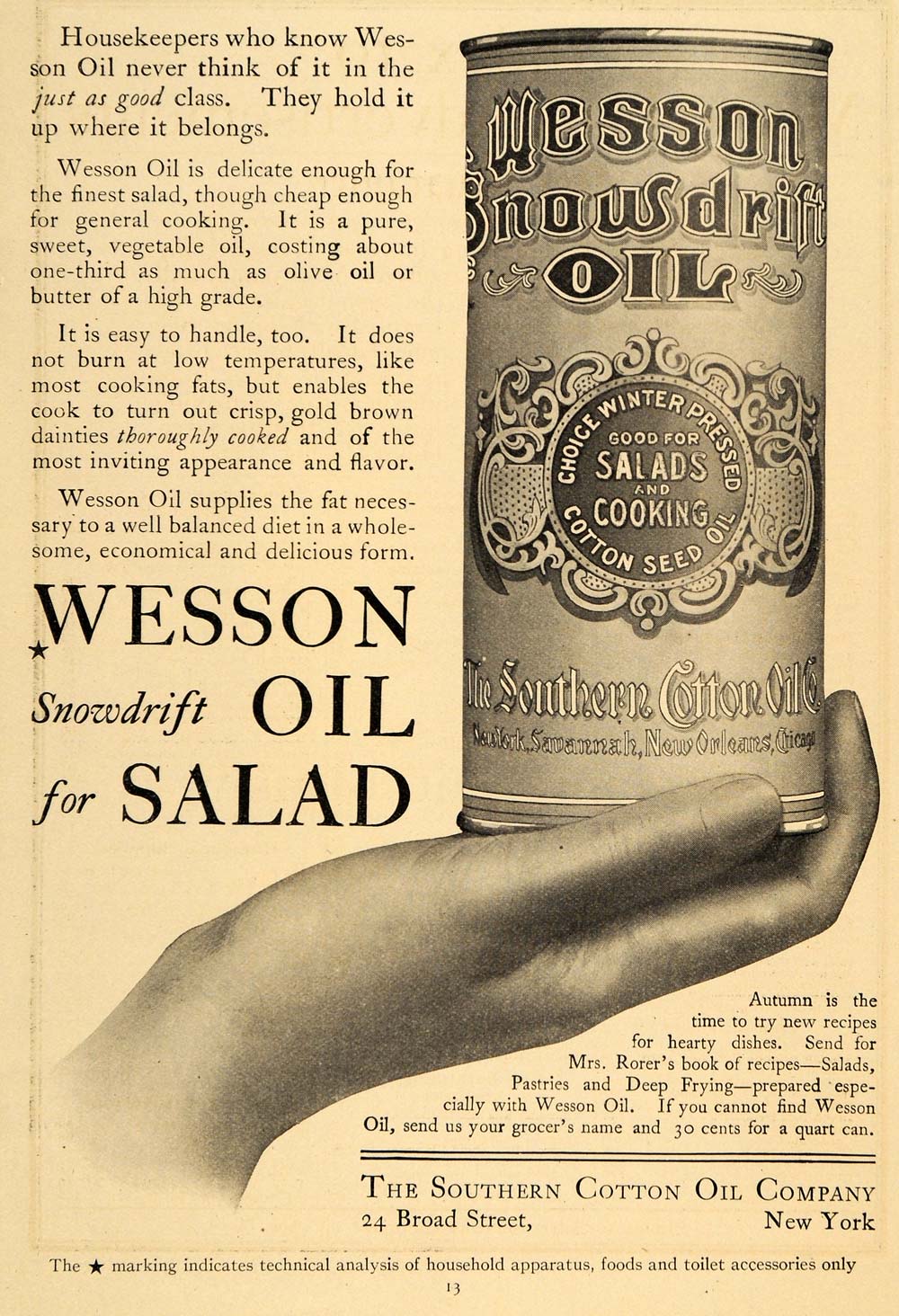1913 Ad Southern Cotton Oil Co. Wesson Snowdrift Food - ORIGINAL ADVERTISING GH3
