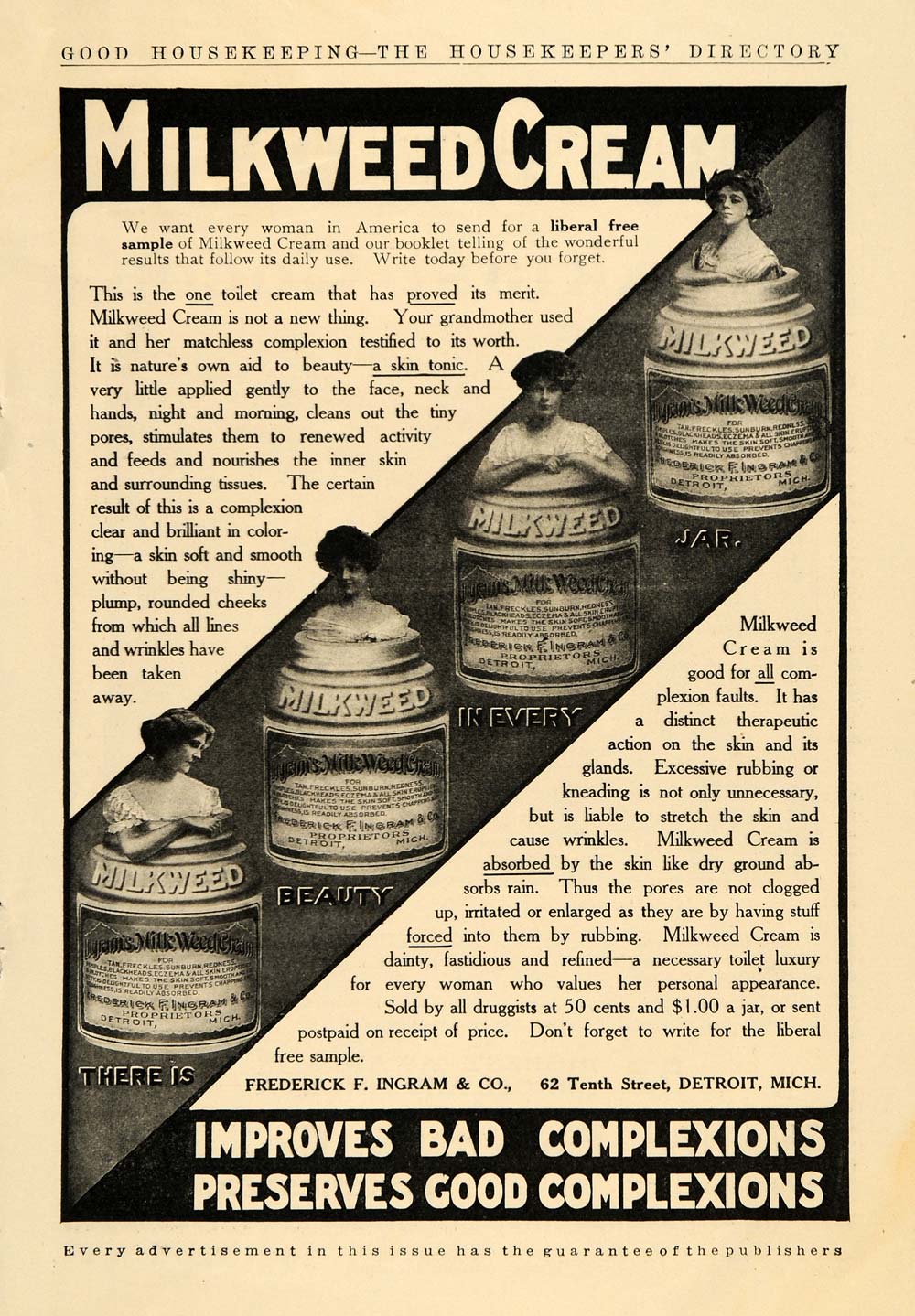 1909 Ad Frederick F Ingram Co Milkweed Cream Skin Tonic - ORIGINAL GH3