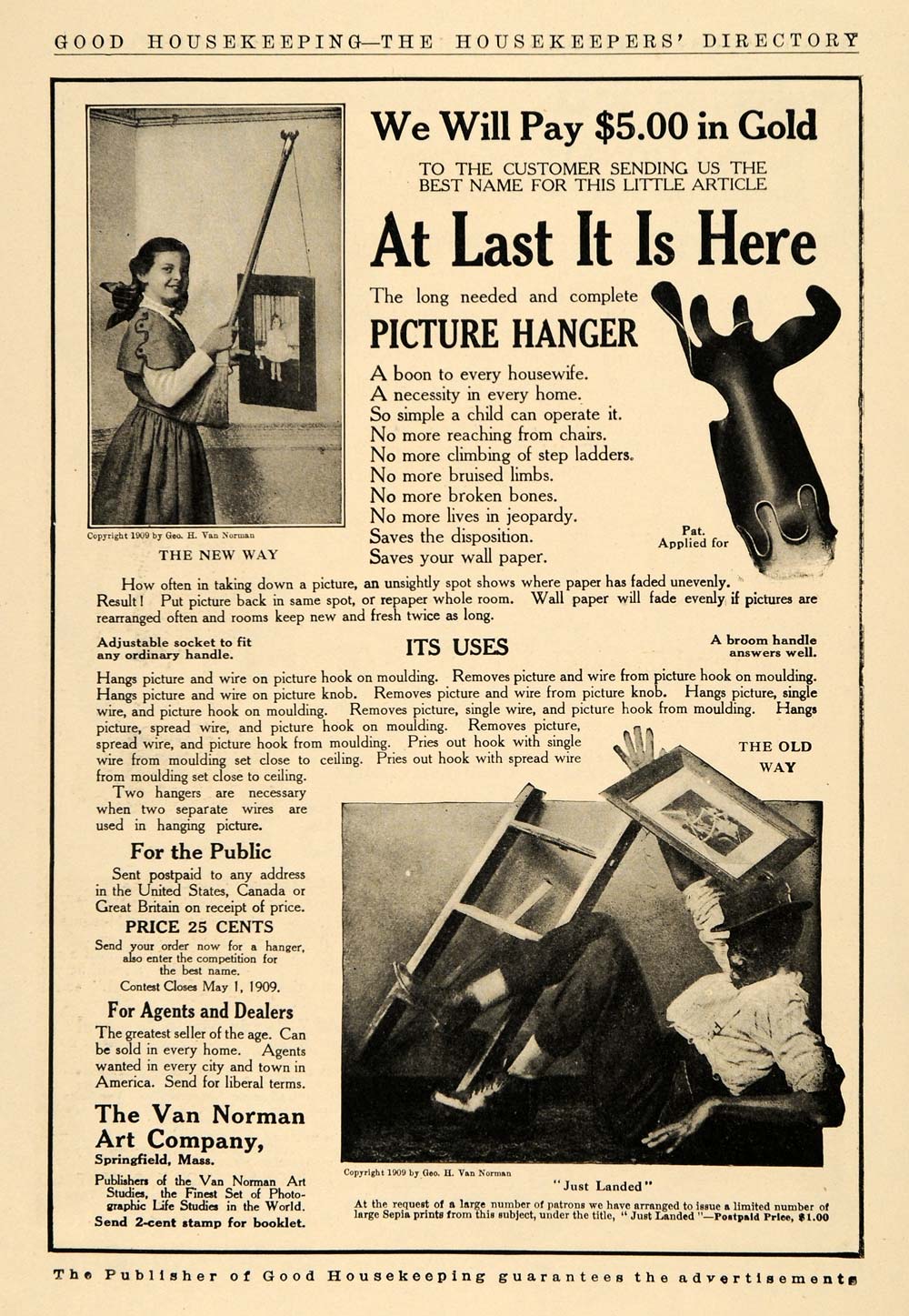 1909 Ad Van Norman Art Co. Picture Hanger Frame Hook - ORIGINAL ADVERTISING GH3