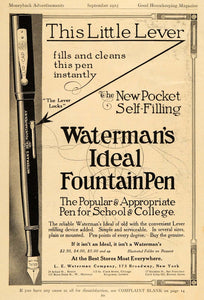 1915 Ad L E Waterman Co Ideal Pocket Fountain Pen - ORIGINAL ADVERTISING GH3