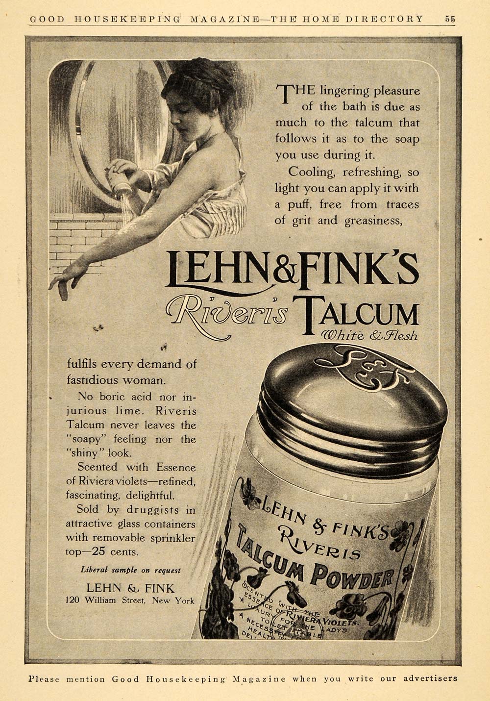 1911 Ad Lehn & Fink Riveris Talcum Powder Violet Scents - ORIGINAL GH3