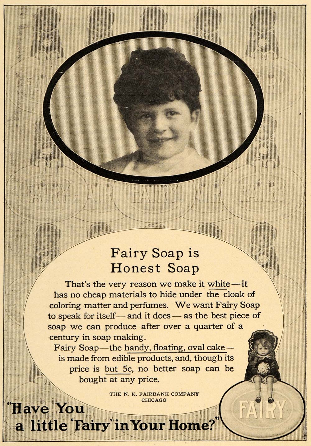 1911 Ad N K Fairbank Co Fairy Toilet Soap Child Doll - ORIGINAL ADVERTISING GH3