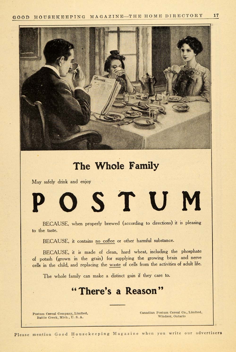 Postum Original 1911 Ad Postum Cereal Co Coffee Substitute Drink Family - ORIGINAL GH3 ...