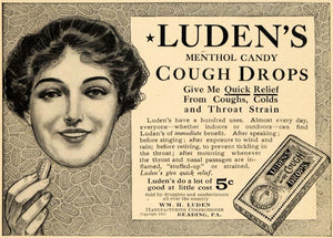 1913 Ad Wm. H Luden Menthol Candy Cough Drops Remedy - ORIGINAL ADVERTISING GH3