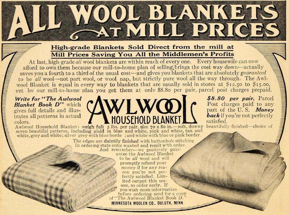 1913 Ad Minnesota Woolen Co. Awlwool Household Blanket - ORIGINAL GH3