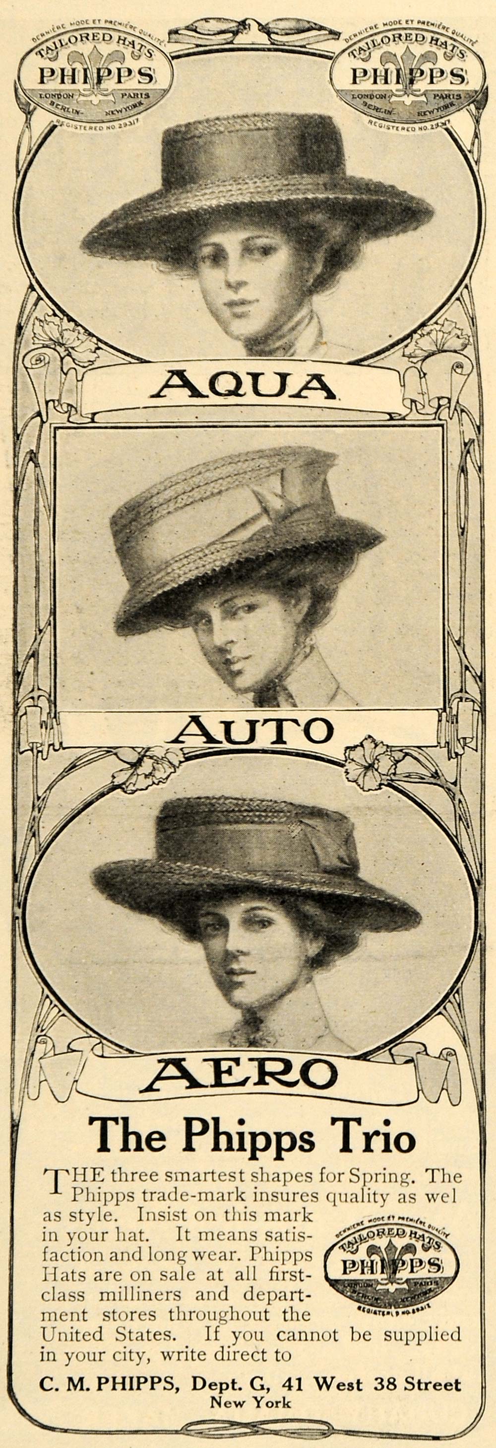 1909 Ad C M Phipps Trio Tailored Hats Aqua Aero Fashion - ORIGINAL GH3