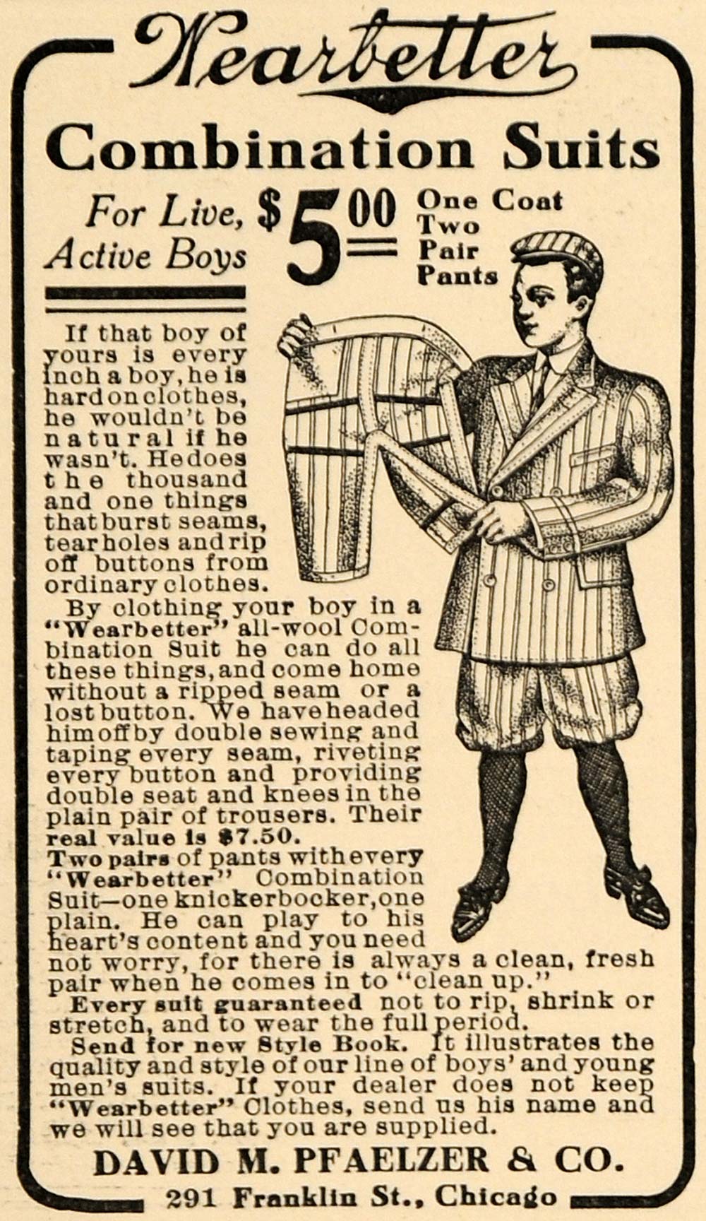 1909 Ad David M Pfaelzer & Co Wearbetter Suits Boys - ORIGINAL ADVERTISING GH3
