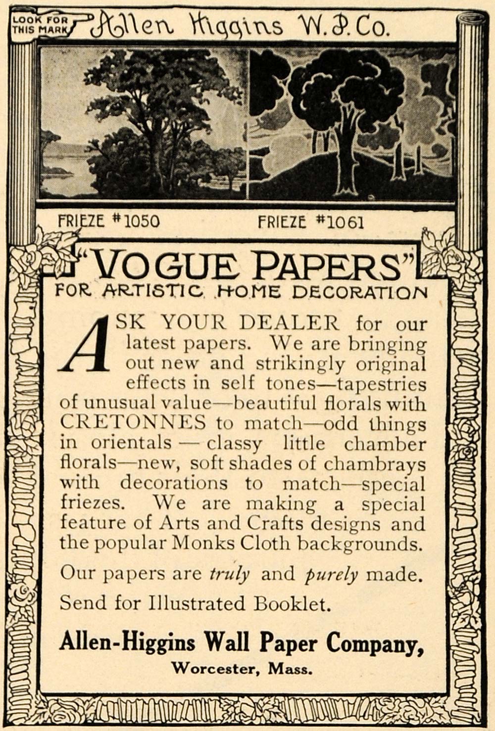 1909 Ad Allen-Higgins Wall Paper Co. Vogue Papers Decor - ORIGINAL GH3