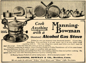 1909 Ad Manning Bowman & Co Alcohol Gas Stove Cookware - ORIGINAL GH3