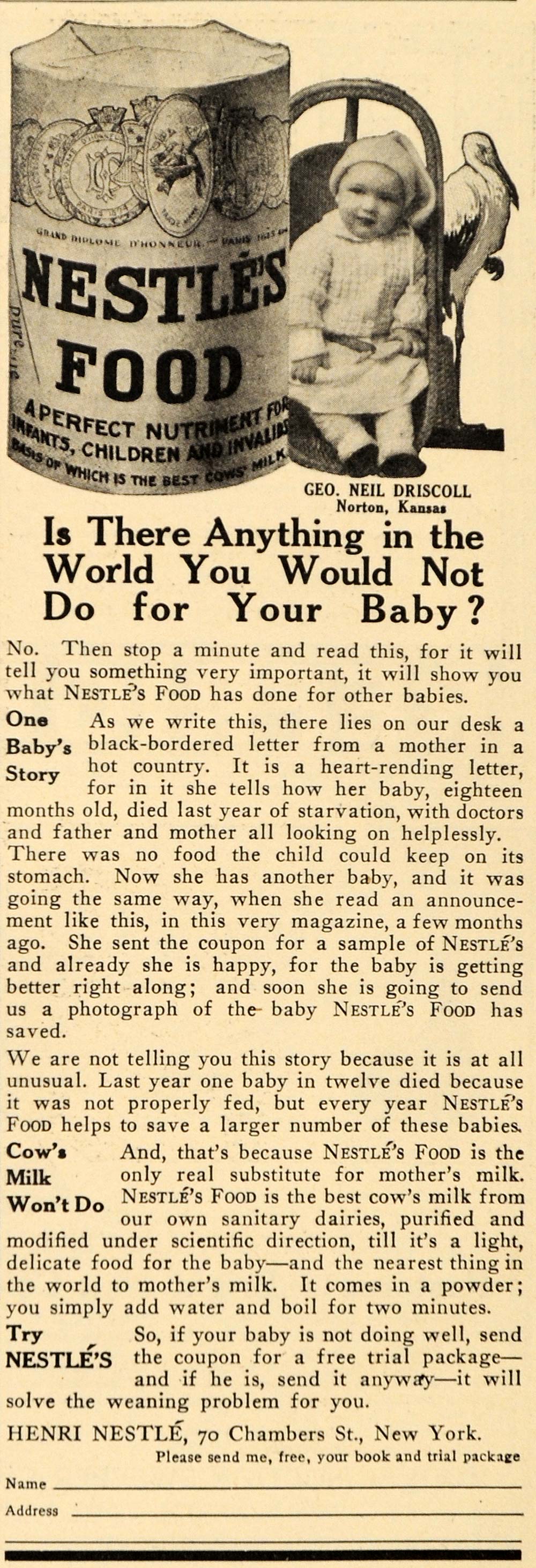 1911 Ad Henri Nestle Nutrient Food for Infants Stork - ORIGINAL ADVERTISING GH3