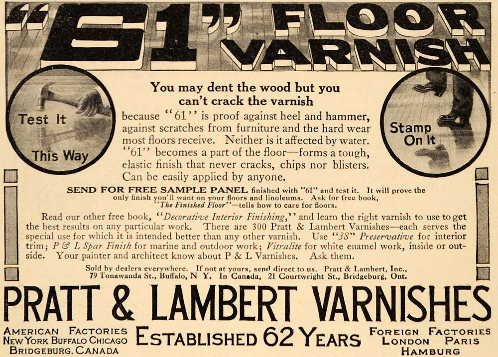 1911 Ad Pratt & Lambert Varnishes 61 Floor Varnish - ORIGINAL ADVERTISING GH3