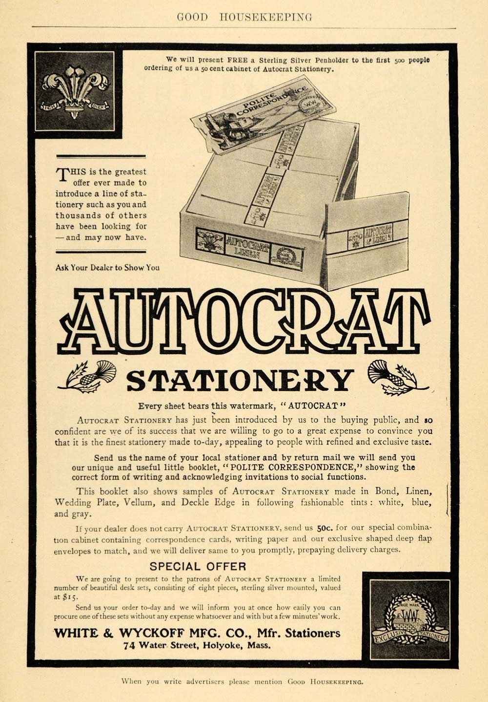 1904 Ad White Wyckoff Mfg. Stationery Autocrat Envelope - ORIGINAL GH3