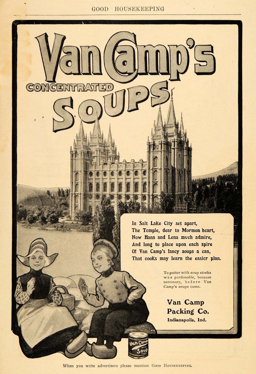1904 Ad Van Camp's Packing Co. Soups Hans Lena Canned - ORIGINAL ADVERTISING GH3