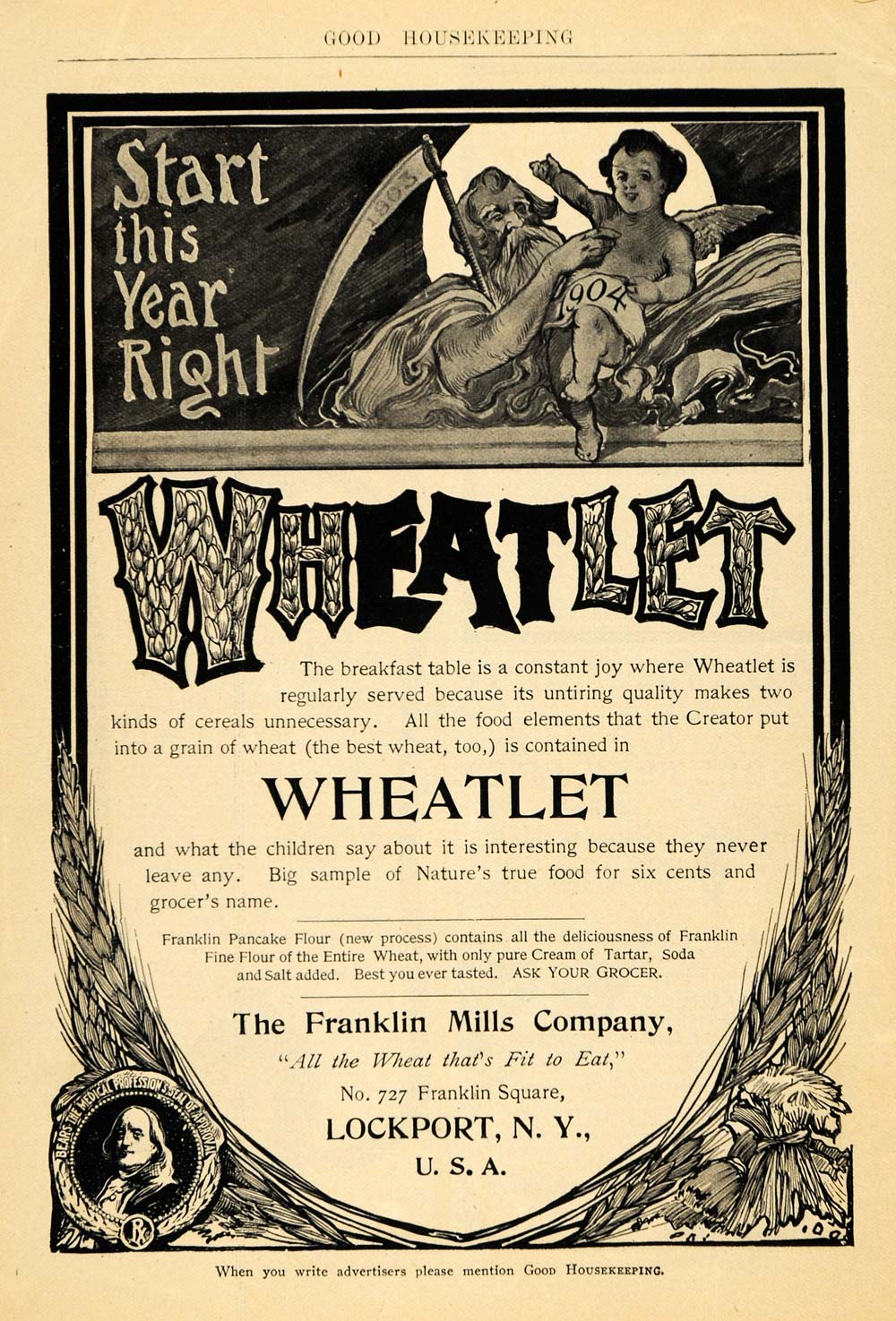 1904 Ad Franklin Mills Wheatlet Breakfast Cereal Grain - ORIGINAL GH3