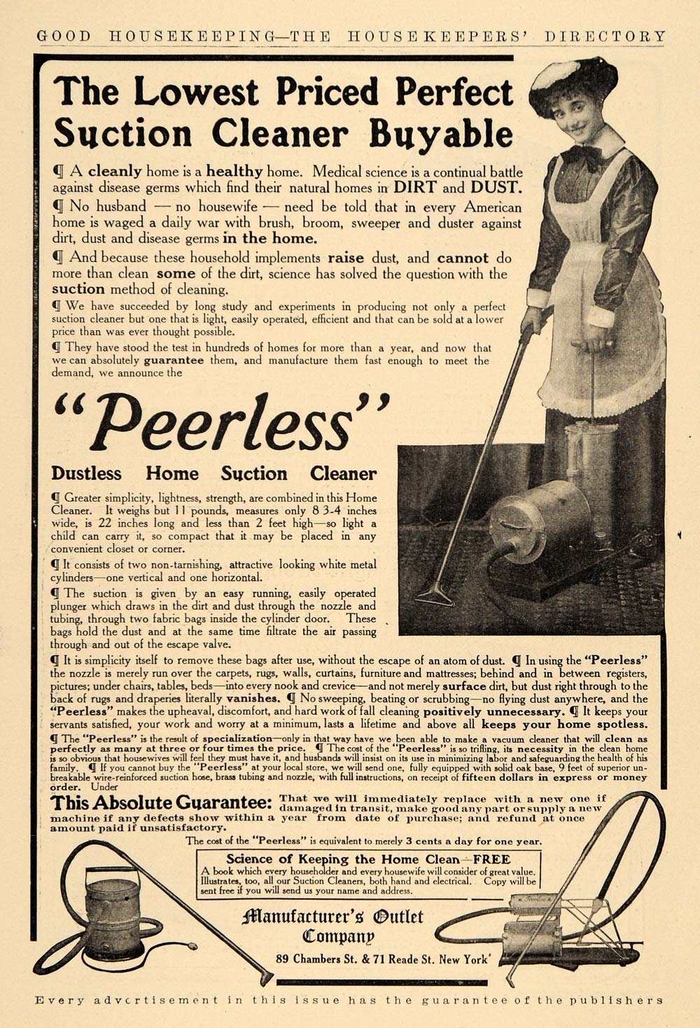 1909 Ad Manufacture's Outlet Peerless Suction Cleaner - ORIGINAL ADVERTISING GH3