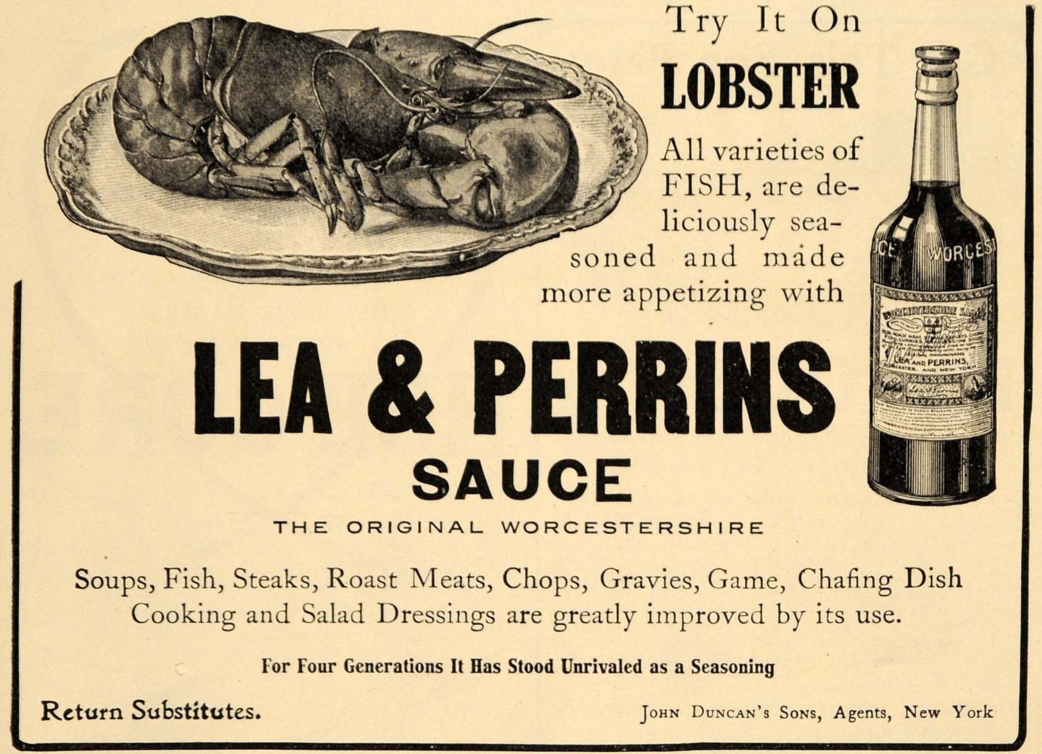 1909 Ad John Duncan's Sons Lea & Perrins Sauce Lobster - ORIGINAL GH3