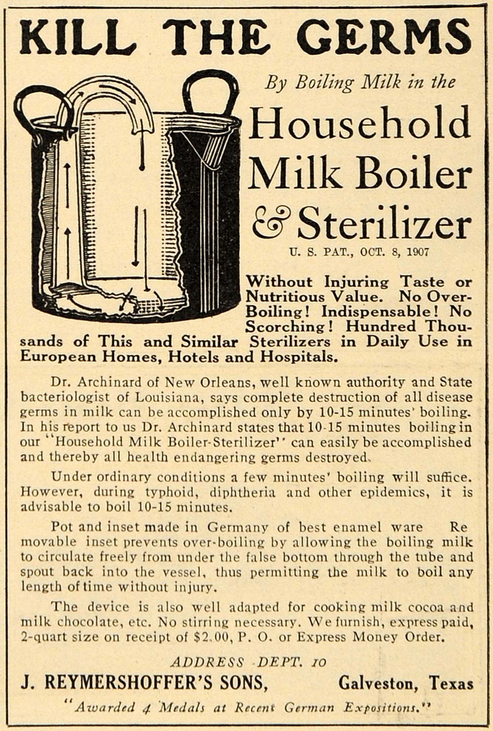 1909 Ad J Reymershoffer Sons Household Milk Boiler - ORIGINAL ADVERTISING GH3
