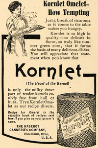 1909 Ad Haserot Canneries Co. Trya Kornlet Omelet Food - ORIGINAL GH3