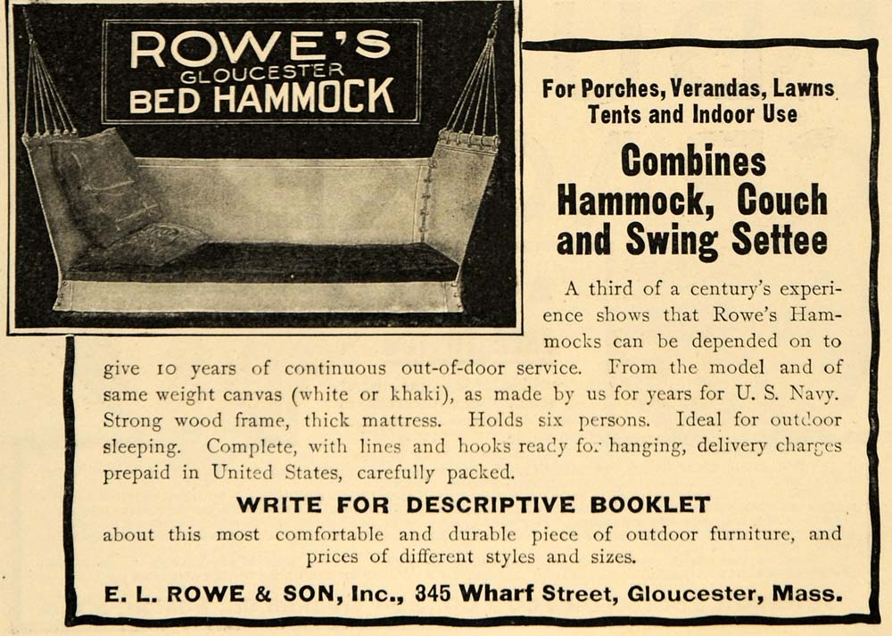 1909 Ad E L Rowe & Son Hammock Couch Swing Settee Bed - ORIGINAL ADVERTISING GH3