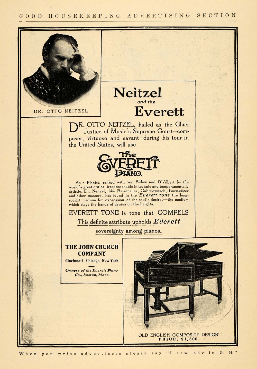 1906 Ad Everett Piano Neitzel Instrument John Church - ORIGINAL ADVERT ...