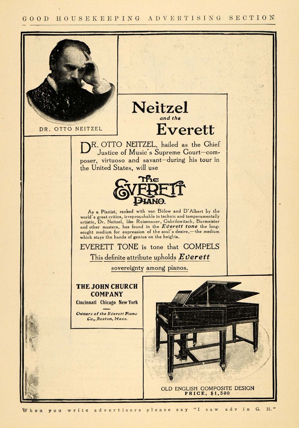 1906 Ad Everett Piano Neitzel Instrument John Church - ORIGINAL ADVERTISING GH3