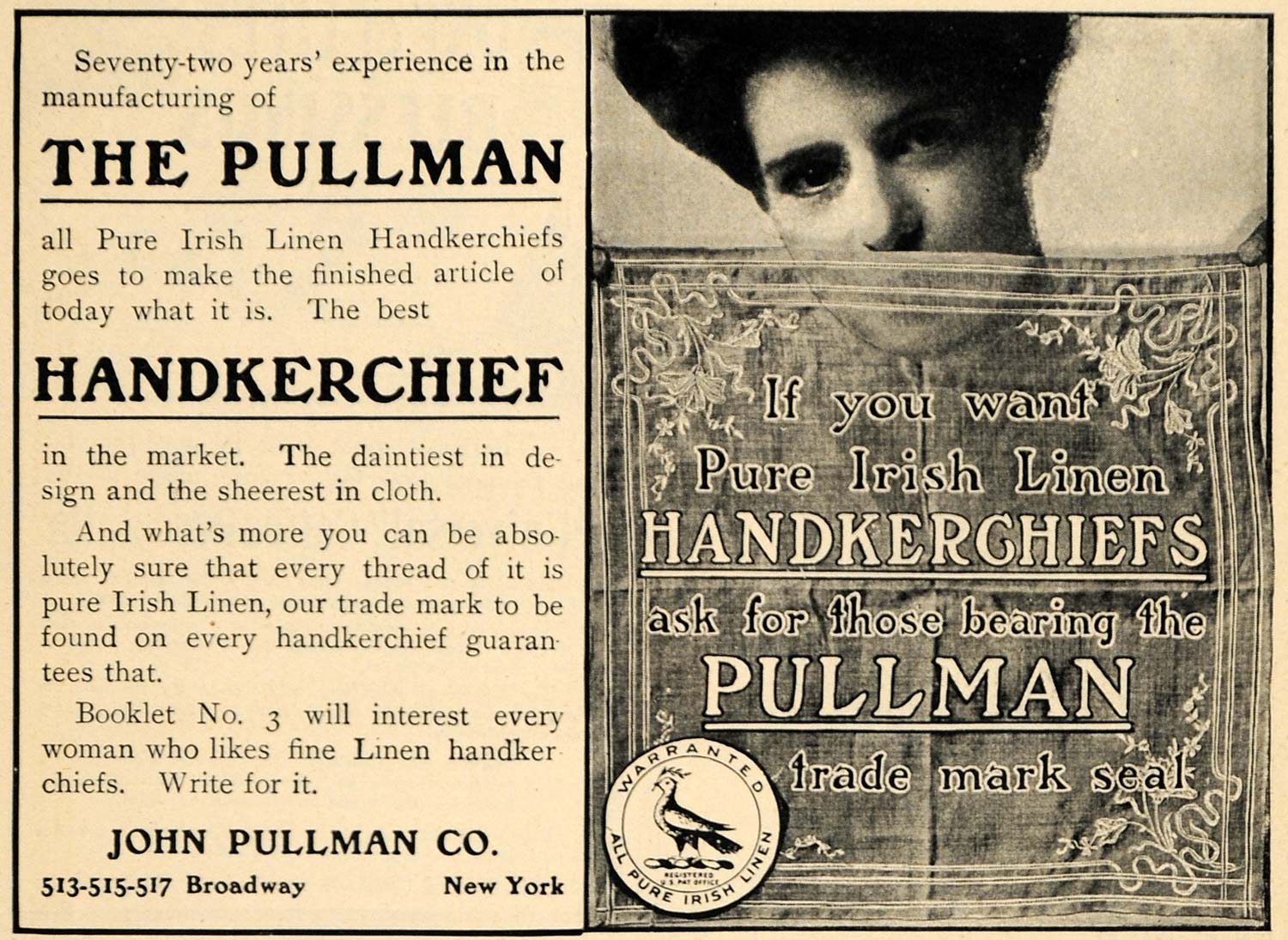 1906 Ad John Pullman Handkerchief Linen Fabric Broadway - ORIGINAL GH3