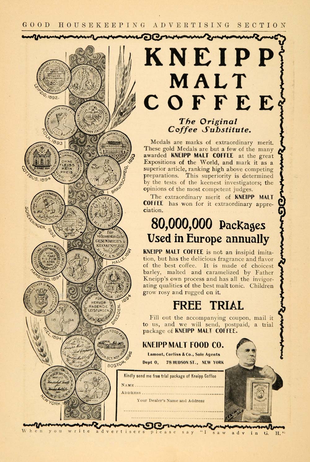 1906 Ad Kneipp Malt Food Coffee Medal Beverage Drink - ORIGINAL ADVERTISING GH3