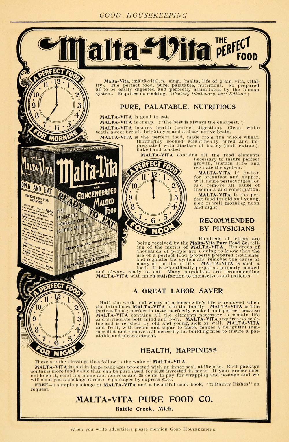 1902 Ad Malta-Vita Pure Food Battle Creek Breakfast - ORIGINAL ADVERTISING GH3