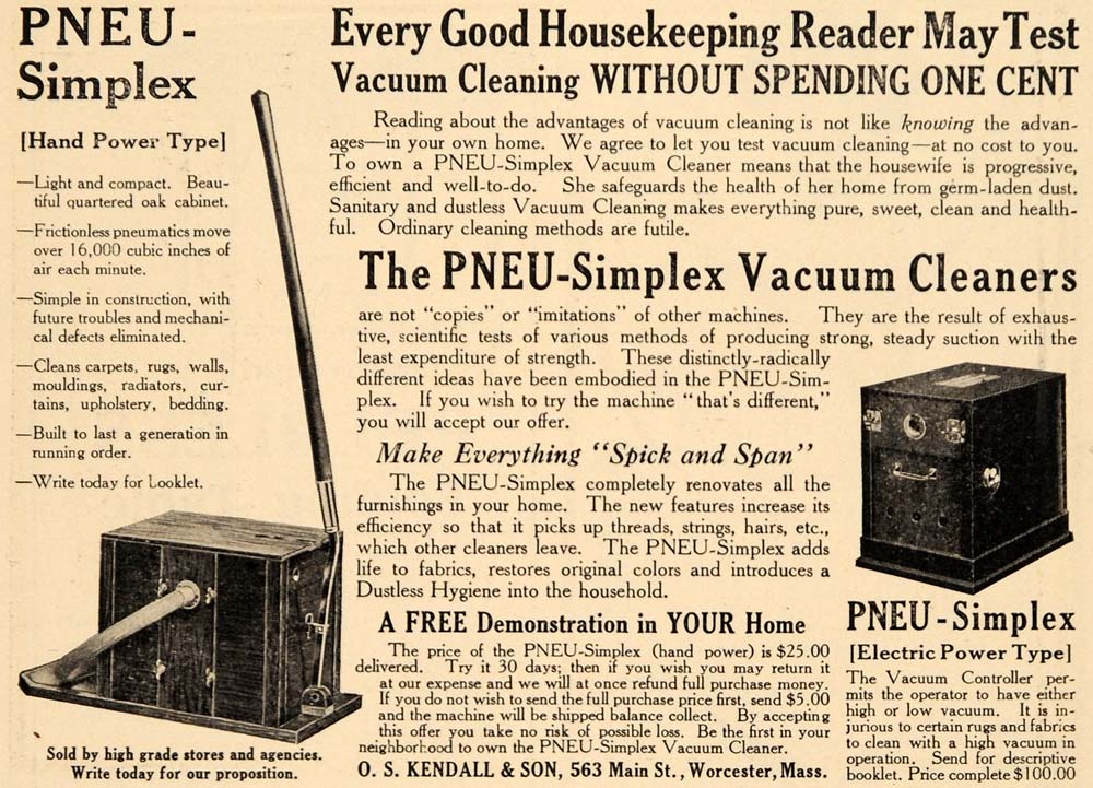 1910 Ad PNEU Simplex Vacuum Cleaner Kendall Household - ORIGINAL ADVERTISING GH3