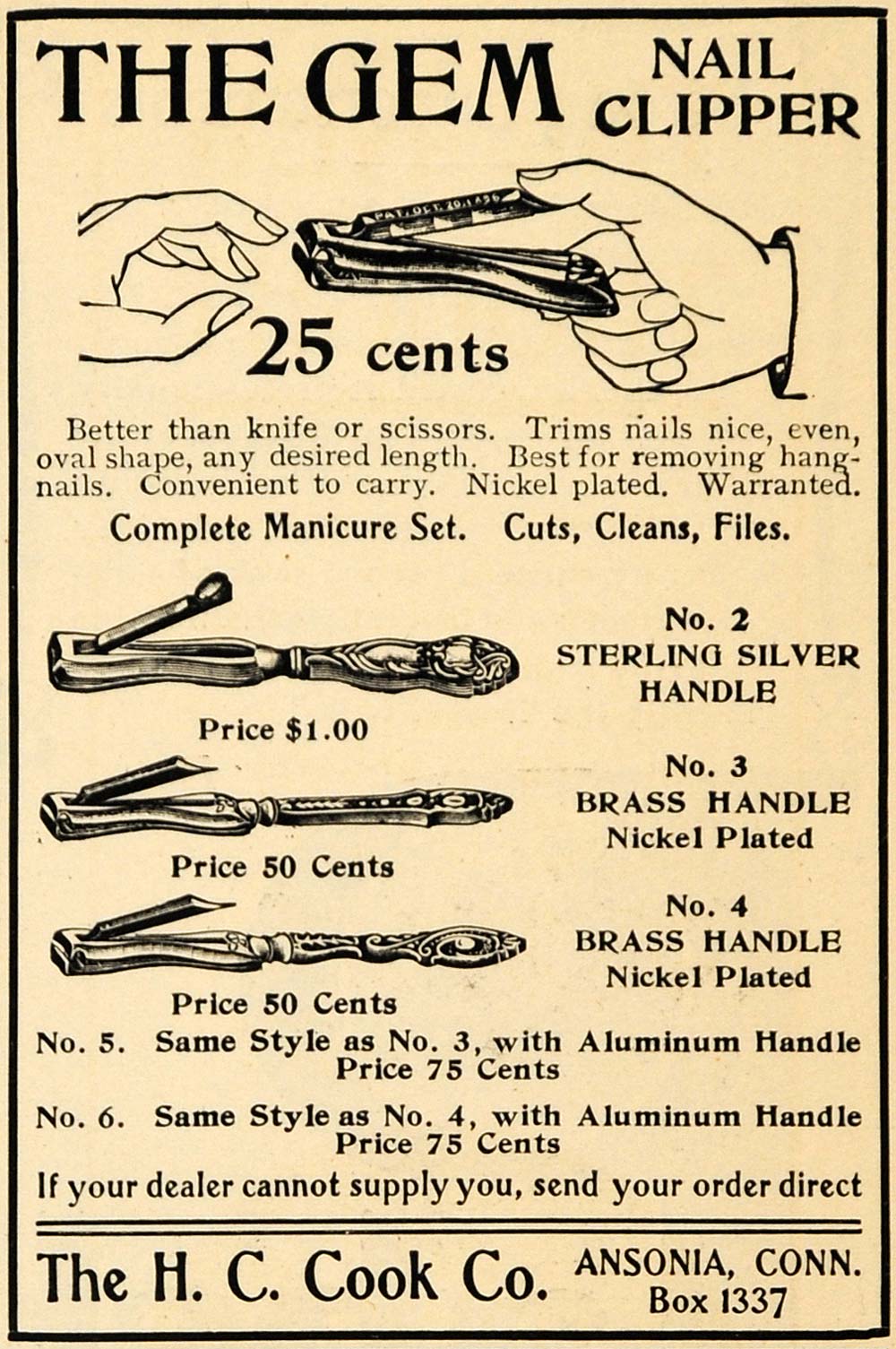 1902 Ad Gem Nail Clipper H. C. Cook Ansonia Hygiene ORIGINAL ADVERTI