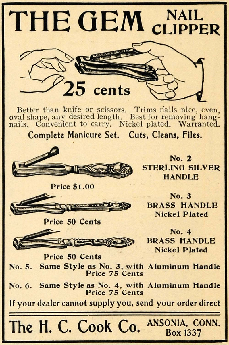 1902 Ad Gem Nail Clipper H. C. Cook Ansonia Hygiene ORIGINAL ADVERTI