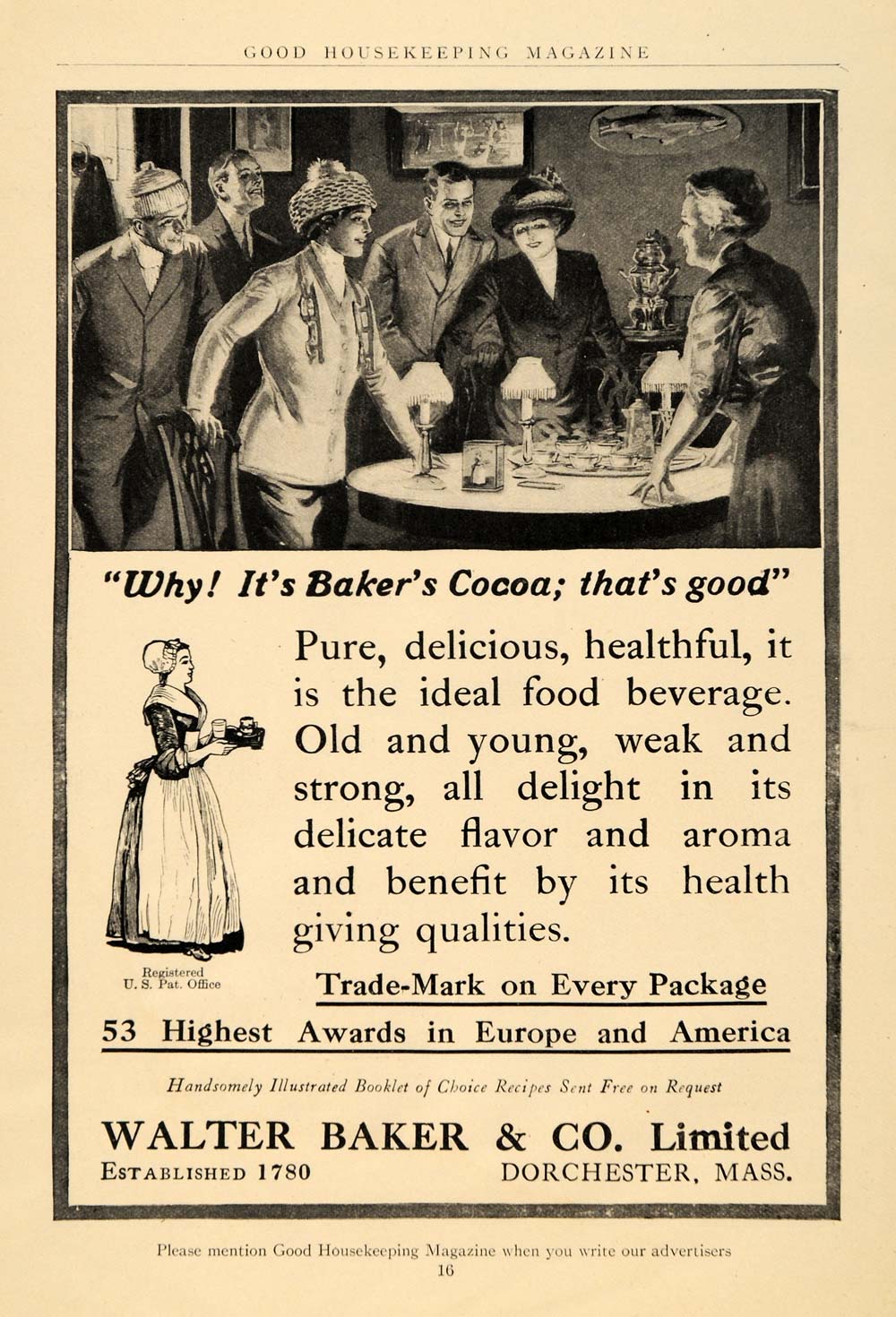 1912 Ad Walter Baker Cocoa Maid Logo Dorchester Mass. - ORIGINAL ADVERTISING GH3