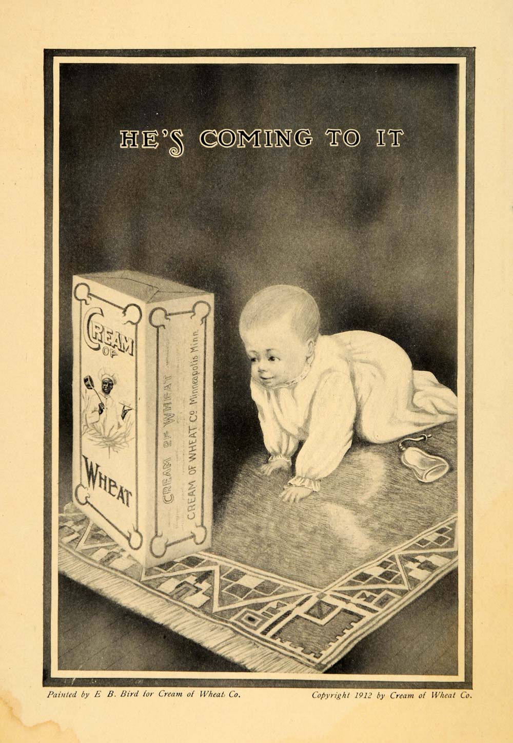 1912 Ad Cream of Wheat Rasmus Baby Crawling EB Bird Art - ORIGINAL GH3