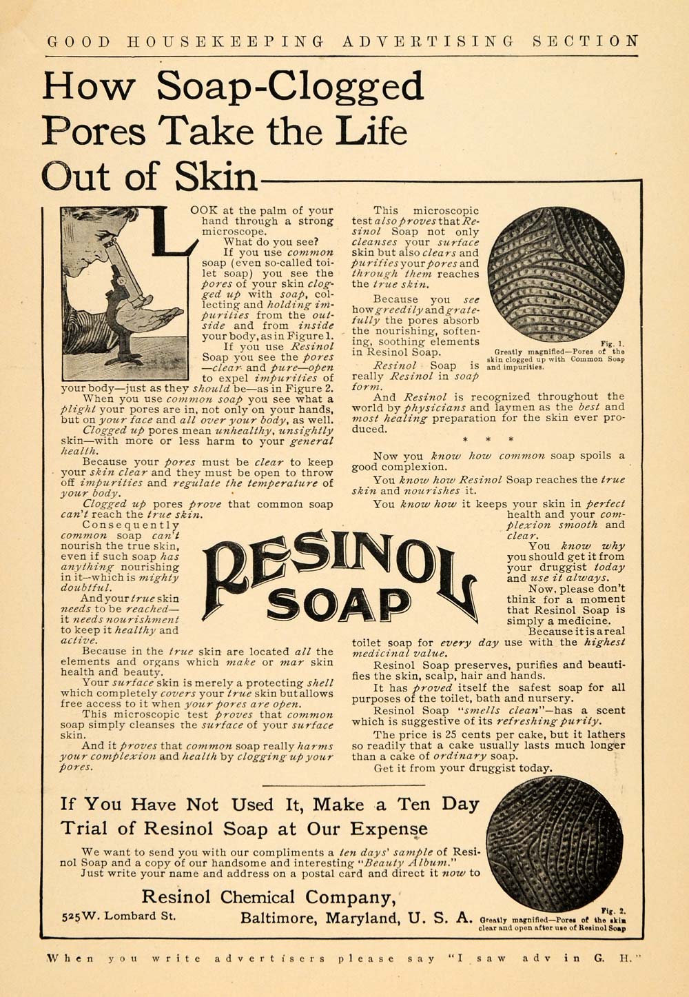 1906 Ad Resinol Soap Complexion Skin Pores Magnified - ORIGINAL