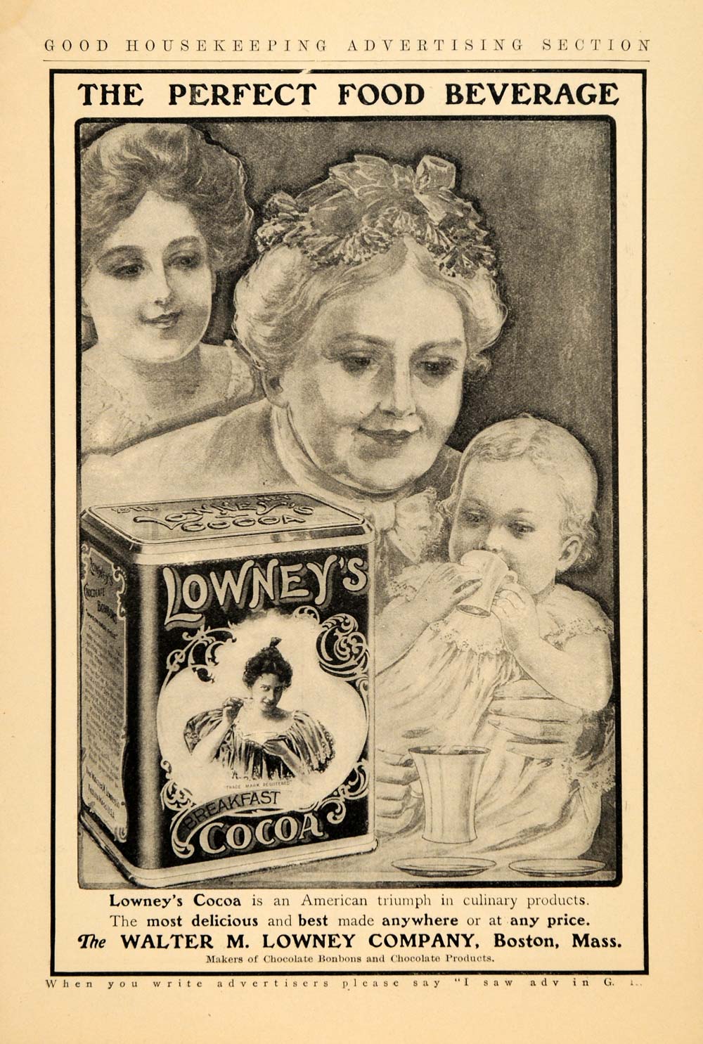 1906 Ad Lowney's Breakfast Cocoa Female Generations - ORIGINAL ADVERTISING GH3