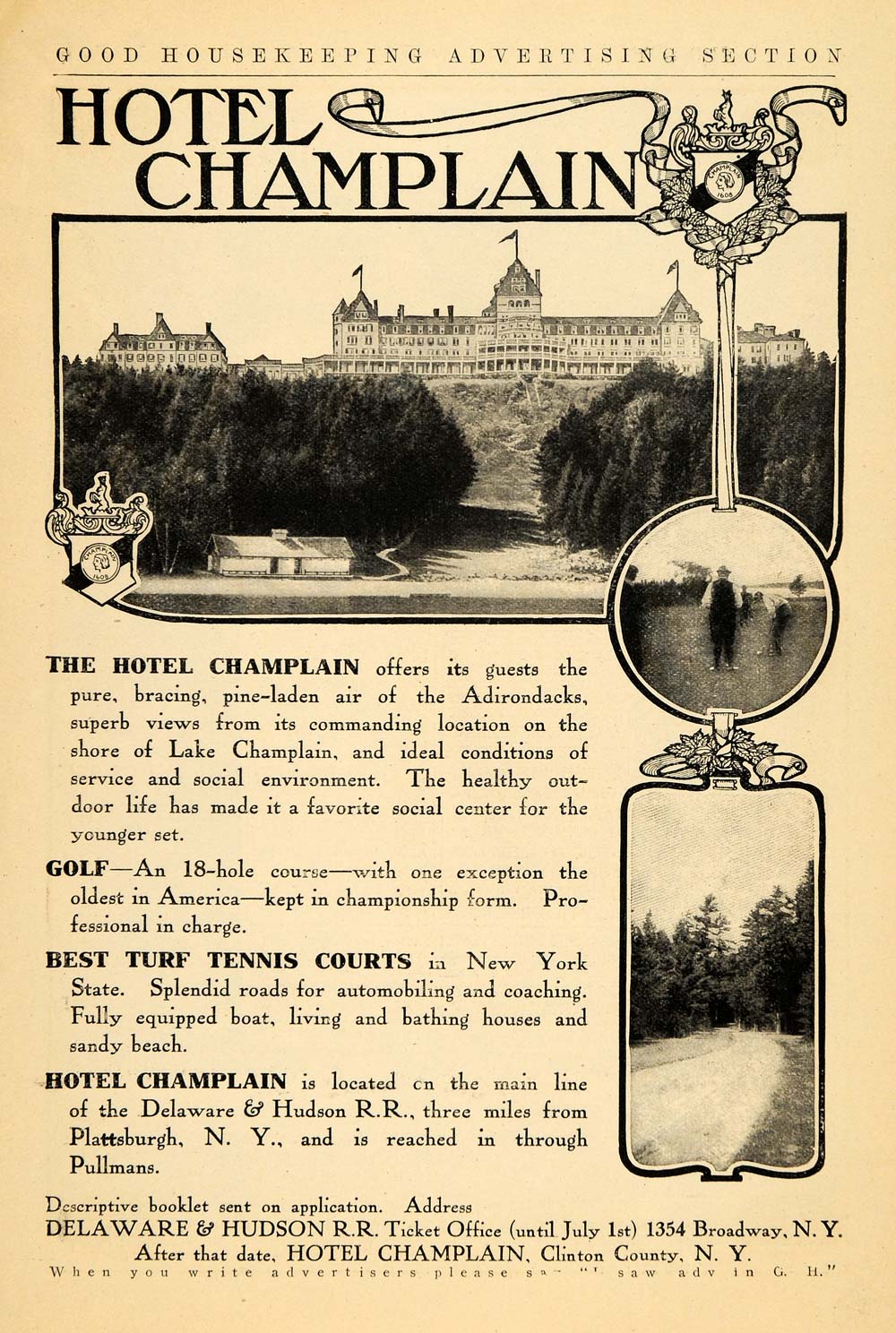 1906 Ad Hotel Champlain Golf Tennis Recreation New York - ORIGINAL GH3