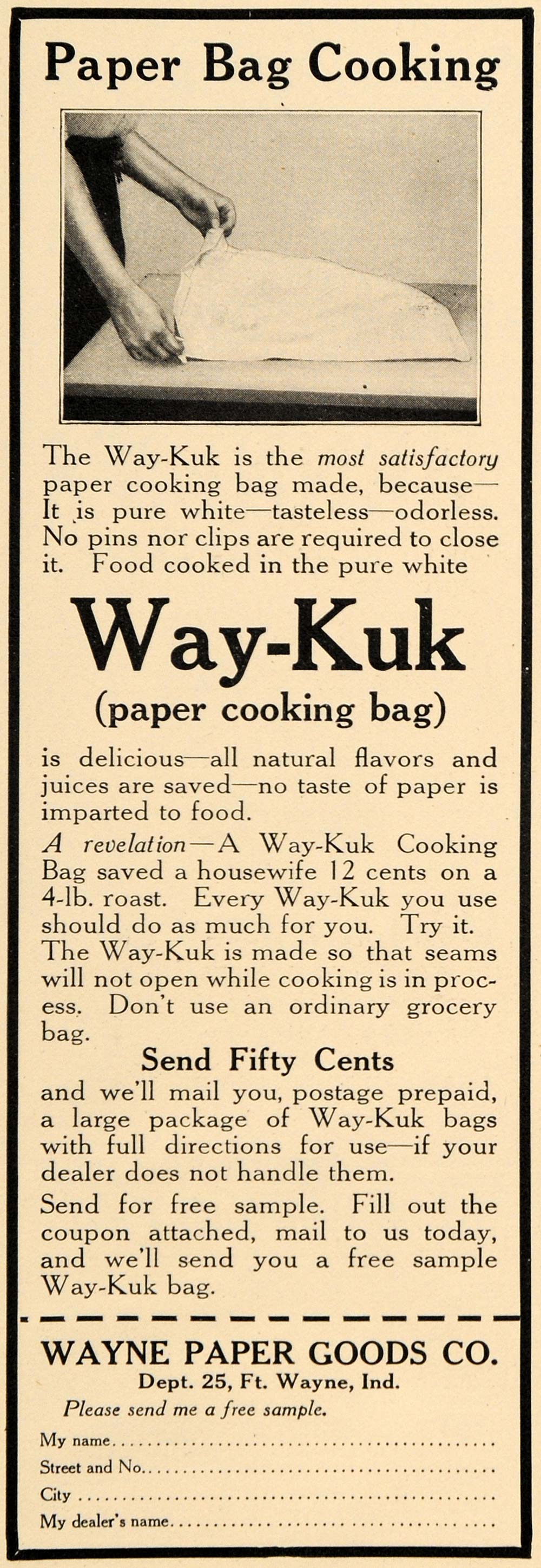 1912 Ad Wayne Paper Way-Kuk Cooking Bag Pricing Sample - ORIGINAL GH3